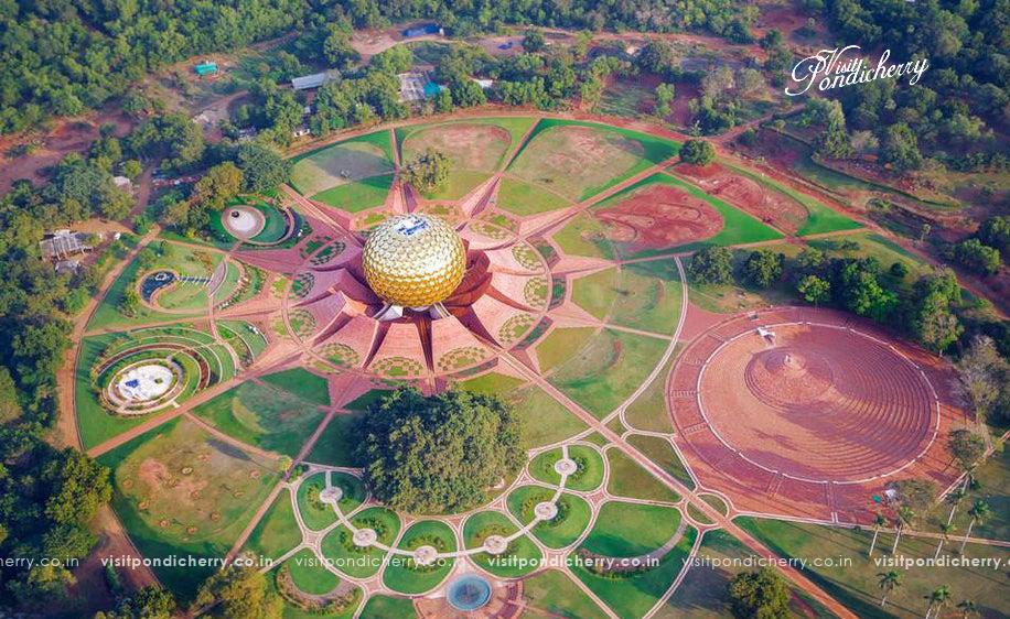 Matrimandir Auroville golden meditation dome surrounded by gardens